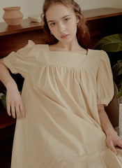 Cotton Poplin Mini Dress with Puff Sleeves, Square Neckline, and Pleated Hem Detailing