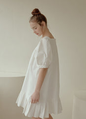 Puff Sleeve Cotton Poplin Mini Dress with Square Neckline and Pleated Hem for Women