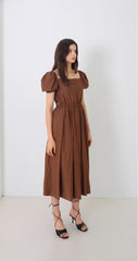 Linen Midi Dress with Statement Buttons and Wide Off-Shoulder Collar
