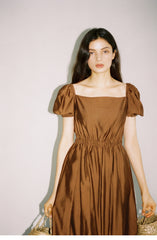 Linen Midi Dress with Statement Buttons and Wide Off-Shoulder Collar