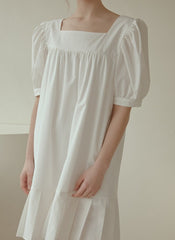 Puff Sleeve Cotton Poplin Mini Dress with Square Neckline and Pleated Hem for Women