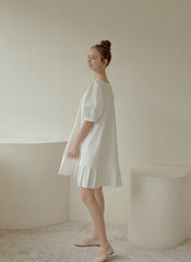 Puff Sleeve Cotton Poplin Mini Dress with Square Neckline and Pleated Hem for Women