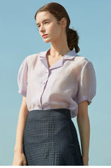 Sheer Silk Short-Sleeve Blouse With Tailored Collar and Pearl Button Accents for Elegant Summer Wear