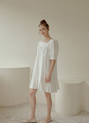 Puff Sleeve Cotton Poplin Mini Dress with Square Neckline and Pleated Hem for Women