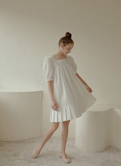 Puff Sleeve Cotton Poplin Mini Dress with Square Neckline and Pleated Hem for Women