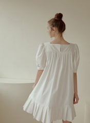Puff Sleeve Cotton Poplin Mini Dress with Square Neckline and Pleated Hem for Women