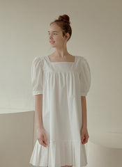 Puff Sleeve Cotton Poplin Mini Dress with Square Neckline and Pleated Hem for Women