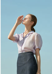Sheer Silk Short-Sleeve Blouse With Tailored Collar and Pearl Button Accents for Elegant Summer Wear