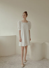 Puff Sleeve Cotton Poplin Mini Dress with Square Neckline and Pleated Hem for Women