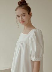 Puff Sleeve Cotton Poplin Mini Dress with Square Neckline and Pleated Hem for Women