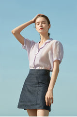 Sheer Silk Short-Sleeve Blouse With Tailored Collar and Pearl Button Accents for Elegant Summer Wear