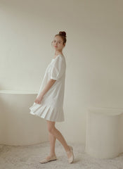 Puff Sleeve Cotton Poplin Mini Dress with Square Neckline and Pleated Hem for Women