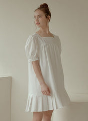 Puff Sleeve Cotton Poplin Mini Dress with Square Neckline and Pleated Hem for Women