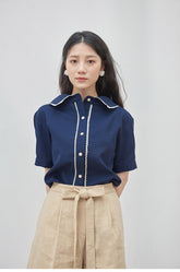 Chic Short Sleeve Linen Shirt with Contrast Trim and Wide Collar for Elegant Styling