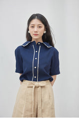 Chic Short Sleeve Linen Shirt with Contrast Trim and Wide Collar for Elegant Styling