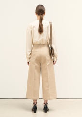 Elegant Linen Blend Draped Blouse With Wide Cuffs And Relaxed Silhouette For Modern Styling