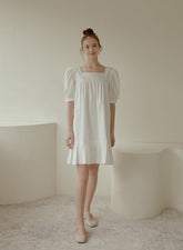 Puff Sleeve Cotton Poplin Mini Dress with Square Neckline and Pleated Hem for Women