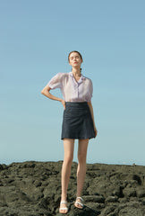 Sheer Silk Short-Sleeve Blouse With Tailored Collar and Pearl Button Accents for Elegant Summer Wear