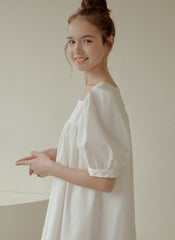 Puff Sleeve Cotton Poplin Mini Dress with Square Neckline and Pleated Hem for Women