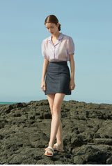 Sheer Silk Short-Sleeve Blouse With Tailored Collar and Pearl Button Accents for Elegant Summer Wear