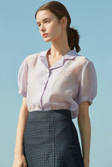 Sheer Silk Short-Sleeve Blouse With Tailored Collar and Pearl Button Accents for Elegant Summer Wear