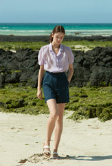 Sheer Silk Short-Sleeve Blouse With Tailored Collar and Pearl Button Accents for Elegant Summer Wear