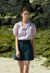 Sheer Silk Short-Sleeve Blouse With Tailored Collar and Pearl Button Accents for Elegant Summer Wear
