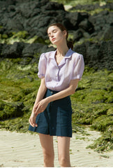 Sheer Silk Short-Sleeve Blouse With Tailored Collar and Pearl Button Accents for Elegant Summer Wear