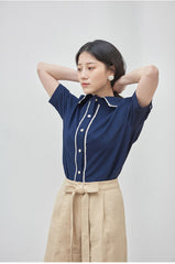 Chic Short Sleeve Linen Shirt with Contrast Trim and Wide Collar for Elegant Styling