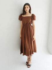 Linen Midi Dress with Statement Buttons and Wide Off-Shoulder Collar
