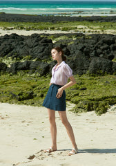 Sheer Silk Short-Sleeve Blouse With Tailored Collar and Pearl Button Accents for Elegant Summer Wear