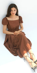 Linen Midi Dress with Statement Buttons and Wide Off-Shoulder Collar