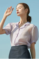 Sheer Silk Short-Sleeve Blouse With Tailored Collar and Pearl Button Accents for Elegant Summer Wear