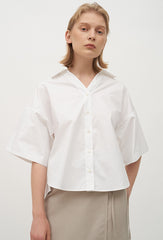 Boxy Fit Short-Sleeve Linen Blouse with Button Front and Spread Collar for Elevated Comfort
