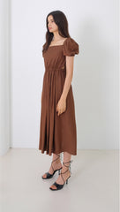 Linen Midi Dress with Statement Buttons and Wide Off-Shoulder Collar
