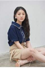 Chic Short Sleeve Linen Shirt with Contrast Trim and Wide Collar for Elegant Styling