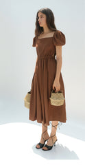 Linen Midi Dress with Statement Buttons and Wide Off-Shoulder Collar