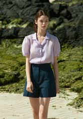 Sheer Silk Short-Sleeve Blouse With Tailored Collar and Pearl Button Accents for Elegant Summer Wear