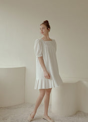 Puff Sleeve Cotton Poplin Mini Dress with Square Neckline and Pleated Hem for Women