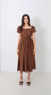 Linen Midi Dress with Statement Buttons and Wide Off-Shoulder Collar