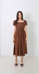 Linen Midi Dress with Statement Buttons and Wide Off-Shoulder Collar