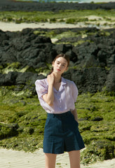 Sheer Silk Short-Sleeve Blouse With Tailored Collar and Pearl Button Accents for Elegant Summer Wear