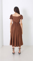 Linen Midi Dress with Statement Buttons and Wide Off-Shoulder Collar