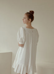 Puff Sleeve Cotton Poplin Mini Dress with Square Neckline and Pleated Hem for Women