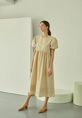 Puff Sleeve Linen Midi Dress with Gathered Waist and Crew Neckline for Feminine Everyday Wear