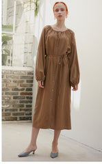 Women's Long Sleeve Midi Dress in Viscose Blend with Button-Front and Drawstring Waist