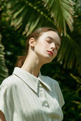 Short Sleeve Linen Shirt Dress with Front Buttons, Pointed Collar, and Adjustable Tie Waist Belt