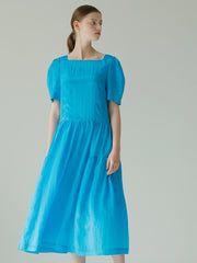Square Neck Puff Sleeve Linen Dress With Gathered Skirt
