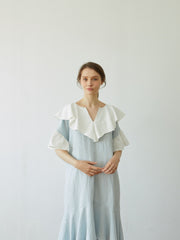 Linen Dress with Oversized Ruffle Collar and Asymmetric Hemline for Soft Feminine Statement Style