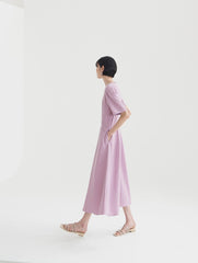 Elegant Short-Sleeve Linen Midi Dress with Flattering Waist Detail and Lightweight Comfort